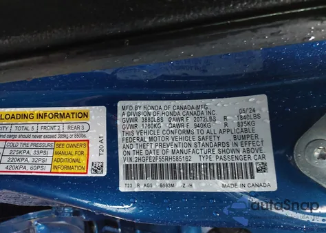 2024 Honda Civic Sport from USA, damaged, VIN 2HGFE2F55RH585162